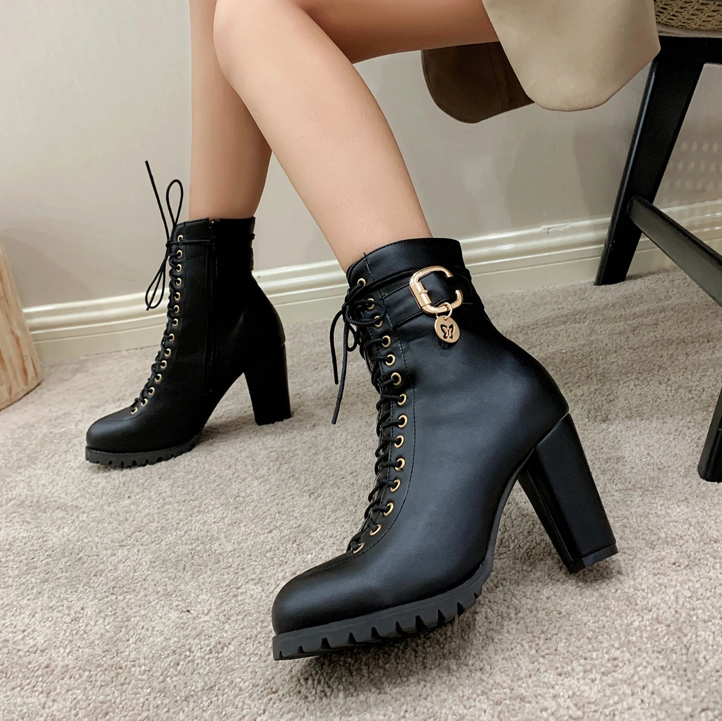 Women's Autumn Lace-Up Chunky Heel Ankle Boots with Belt Buckle Side Zipper High Heels Booties Lace Up Design Classic Lolita