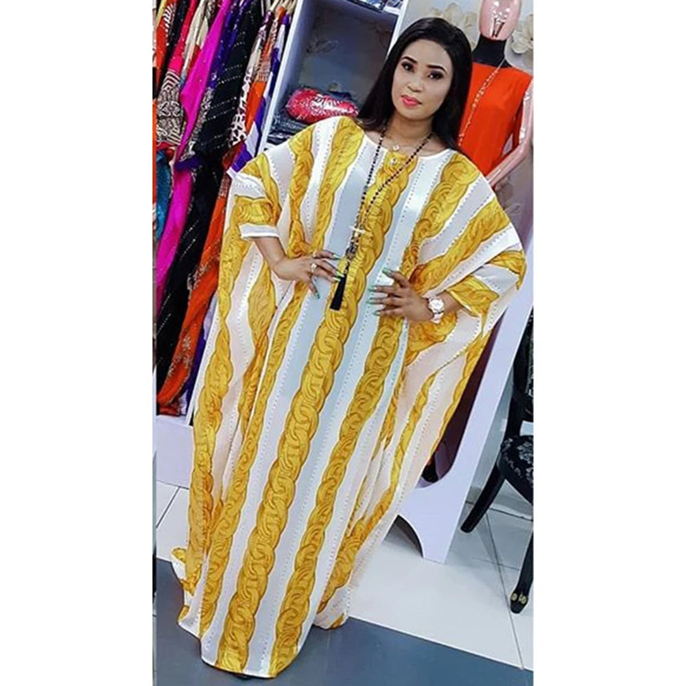 New Arrivals Spring Striped Loose Fashion African Dresses for Women Bazin Riche Sexy Batwing Sleeve Femme Robe
