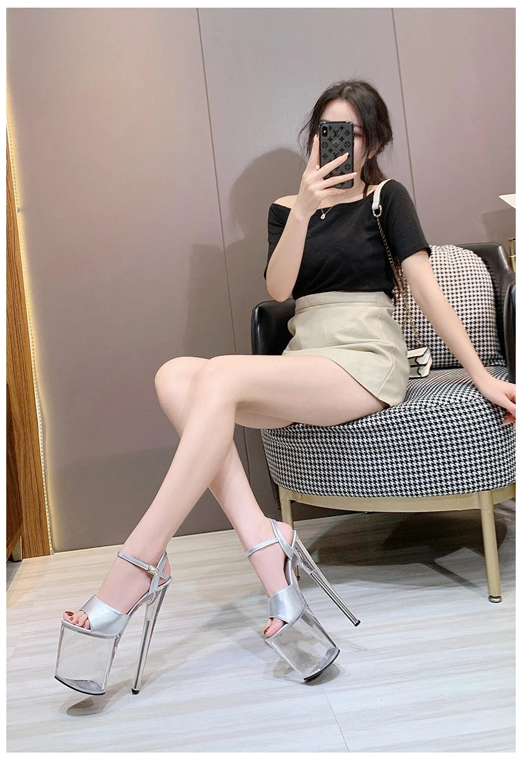 Summer Sandalias Mujer 2024 Sandales Sexy 20cm High Heels Patent Leather Crystal Stripper Platform Heels Women Shoes