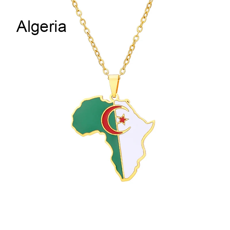 African Map Flag Pendant Necklace Stainless Steel Men Women Rwanda Sudan Uganda Zimbabwe Zambia Ethnic Maps Jewelry Gift