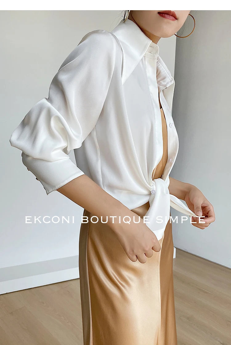 Stylish Elegant Turn Down Collar White Long Sleeve Satin Shirts Fashion Woman Vintage Blouse 2024 Office Lady Tops Blusas 16946