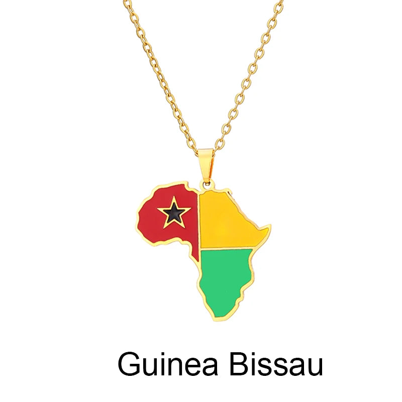 African Map Flag Pendant Necklace Stainless Steel Men Women Rwanda Sudan Uganda Zimbabwe Zambia Ethnic Maps Jewelry Gift