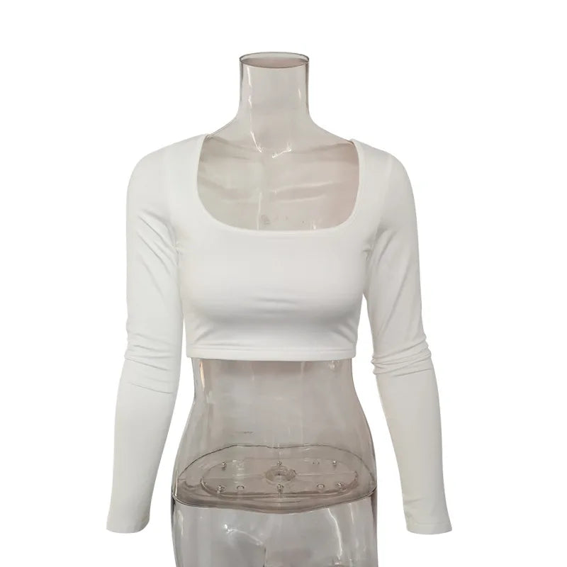 Women Summer Spring Crop Top Square Neck Long Sleeve Black White Tee