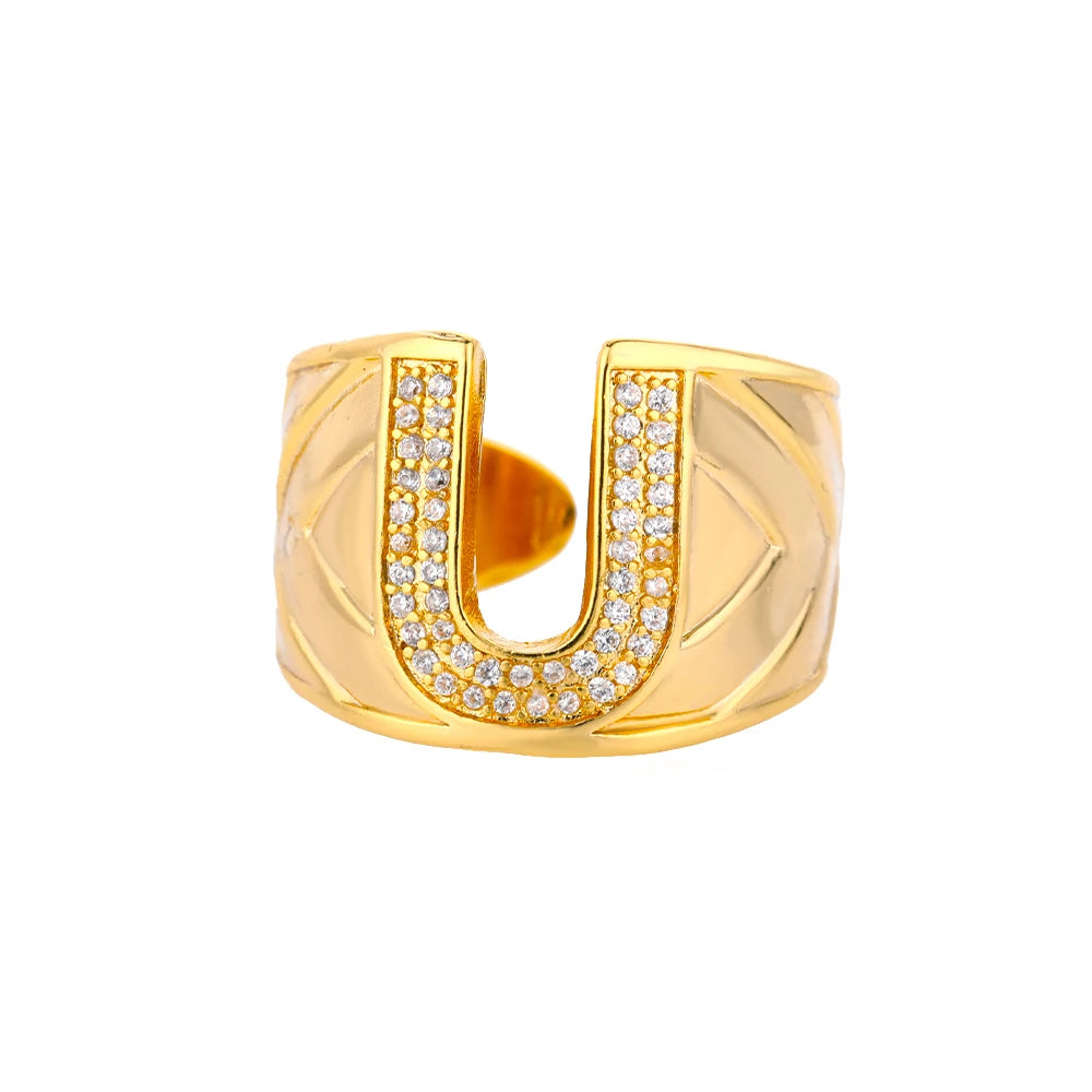 Chunky Zircon Initial Letter Rings For Women Stainless Steel Hip Hop Jewelry