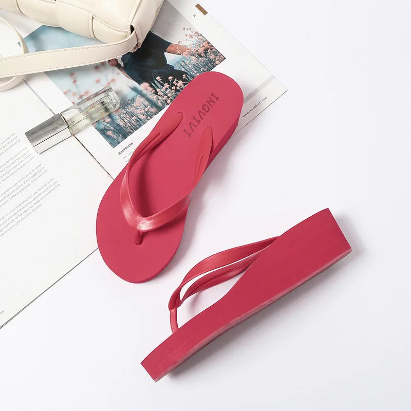 EOFK Women Flip Flops Wedges Casual Shinny Beach 3.5 Cm Height PVC Solid Summer Outside Slippers Soft Shoes