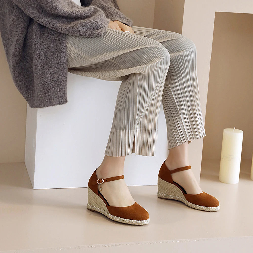 Spring New Women Espadrilles Leisure Wedges High Heels Lady Pumps Foothold Shoes Heel Slip On Round Toe for Femme Chaussures