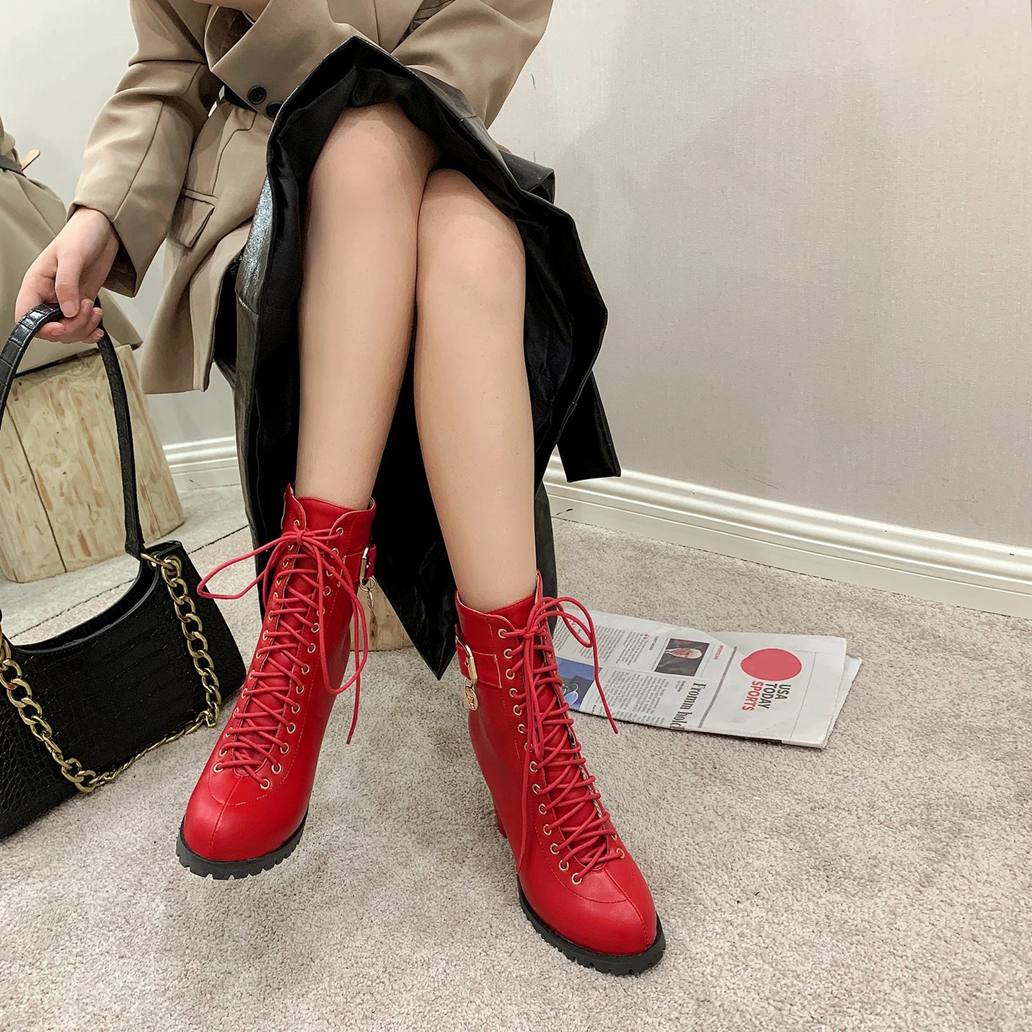 Women's Autumn Lace-Up Chunky Heel Ankle Boots with Belt Buckle Side Zipper High Heels Booties Lace Up Design Classic Lolita