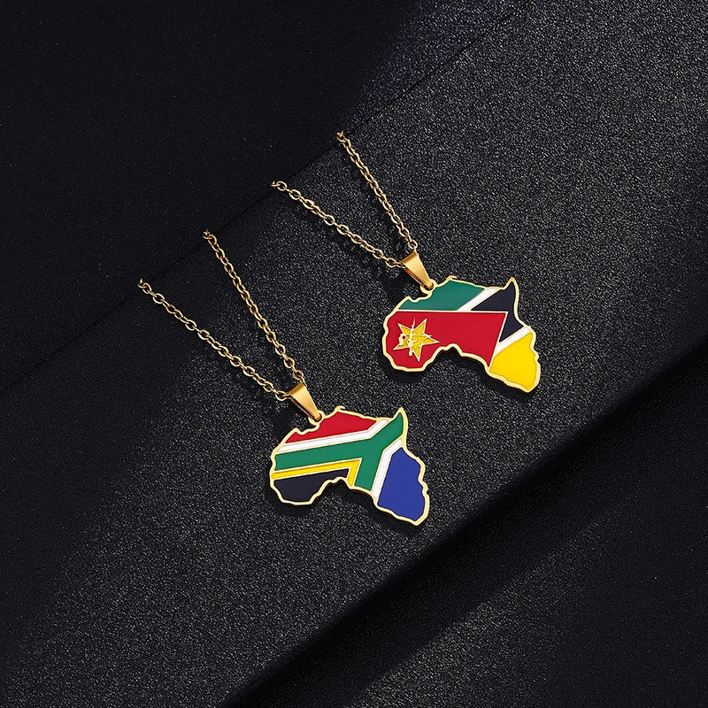 African Map Flag Pendant Necklace Stainless Steel Men Women Rwanda Sudan Uganda Zimbabwe Zambia Ethnic Maps Jewelry Gift