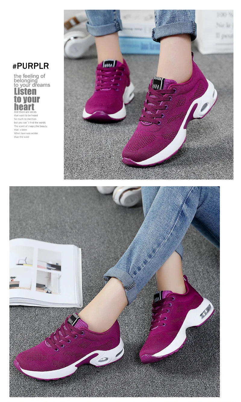 Women's Fashion Air Cushion Sports Running Flat Soft Bottom Sneaker Mesh Breathable Casual Shoes