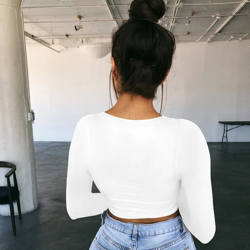 Women Summer Spring Crop Top Square Neck Long Sleeve Black White Tee