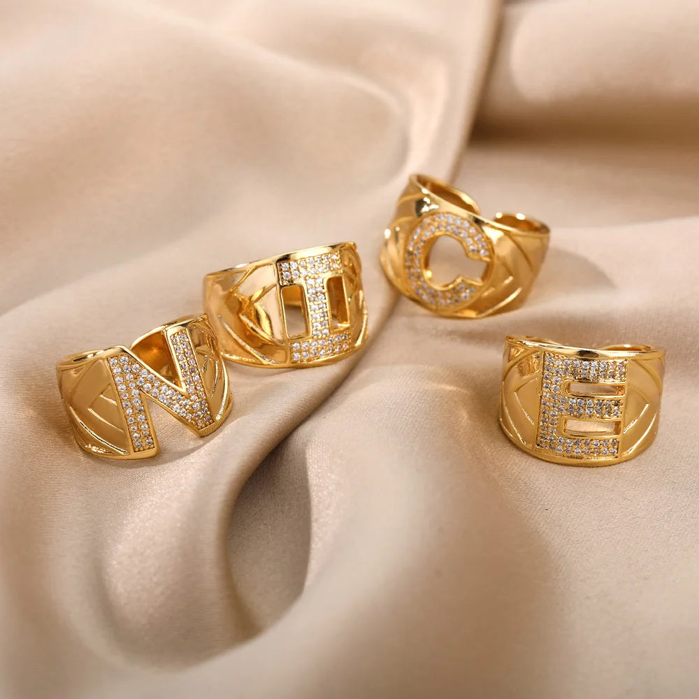 Chunky Zircon Initial Letter Rings For Women Stainless Steel Hip Hop Jewelry
