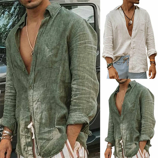 2026 Men Casual Cotton Linen ShirtsStanding Collar Male Solid Color Long Sleeves Loose Tops Spring Autumn Handsome Men's Shirts