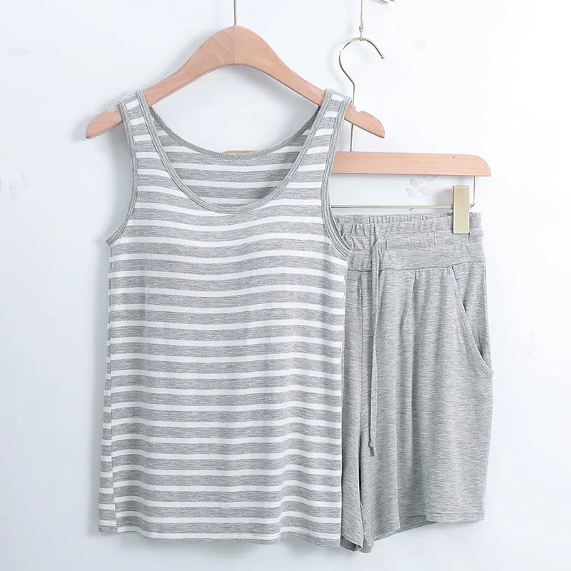 Summer Styles Sleepwear Set New Sleeveless Shorts Sexy Pajama Set Cute Women's Home Wear Striped Pyjamas With Chest Pad