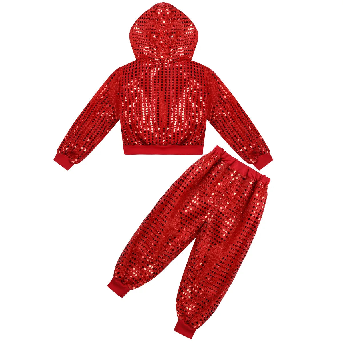 Kids Boys Girls Jazz Hip-hop Street Dance Costume Shiny Sequins Hooded Coat Tops with Pants Disco Party Performance Dancewear