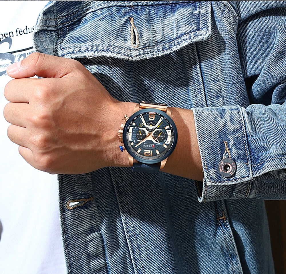 CURREN New Men's Casual Sports Chronograph Blue Top Brand Luxury Military Leather Watch Calendar Clock Relogio Masculino