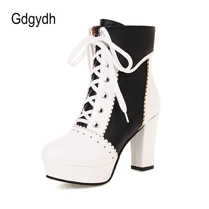 Gdgydh Korean Sweet Cosplay Lolita Shoes Women Ankle Boots High Heels Ruffles Dress Wedding Shoes Bride Mixed Colors Lace Up