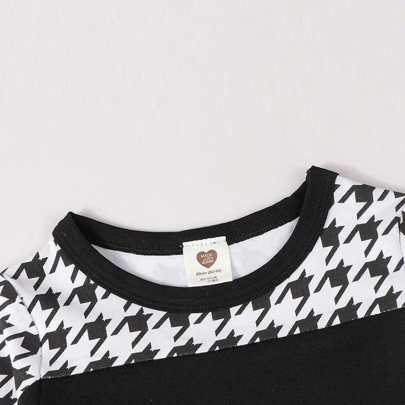 New casual outfit for kids long sleeves autumn winter contrast houndstooth boy girls clothes autumn and winter children t-shirt