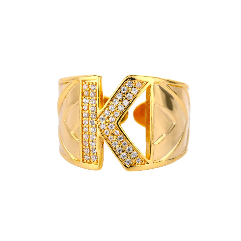 Chunky Zircon Initial Letter Rings For Women Stainless Steel Hip Hop Jewelry