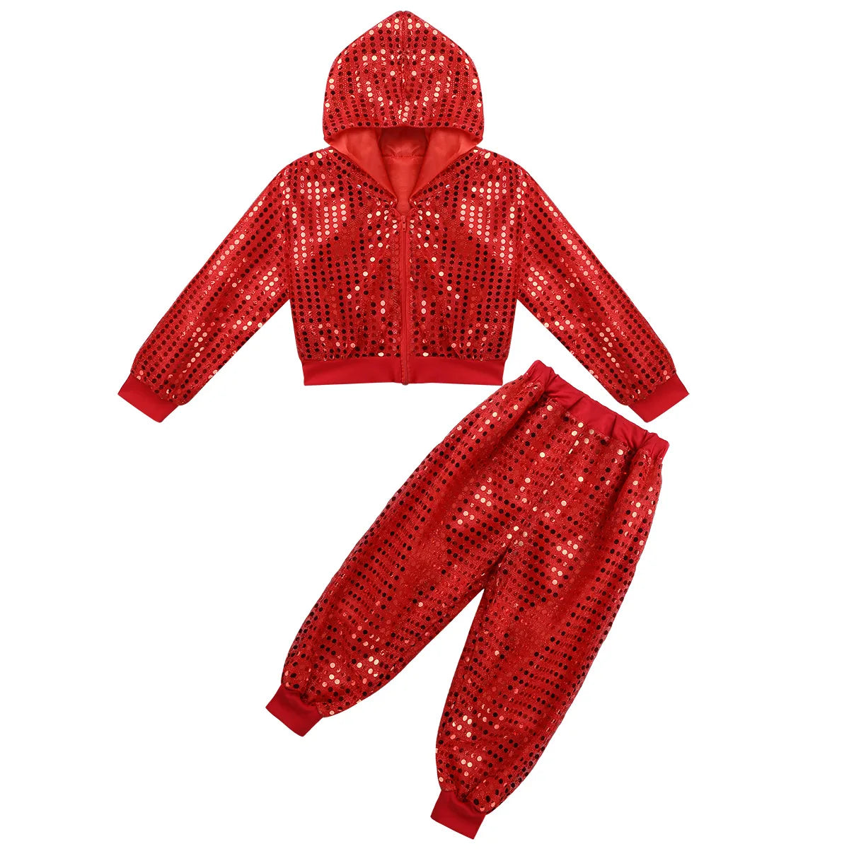 Kids Boys Girls Jazz Hip-hop Street Dance Costume Shiny Sequins Hooded Coat Tops with Pants Disco Party Performance Dancewear