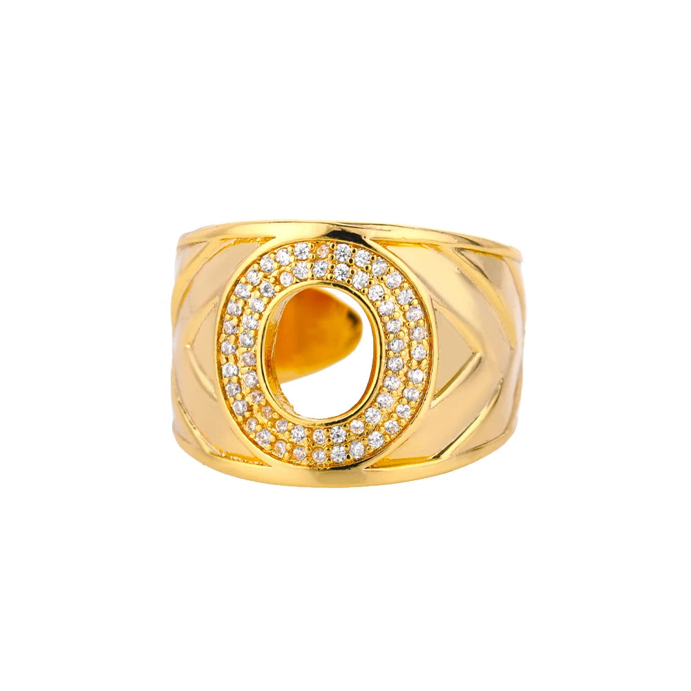 Chunky Zircon Initial Letter Rings For Women Stainless Steel Hip Hop Jewelry