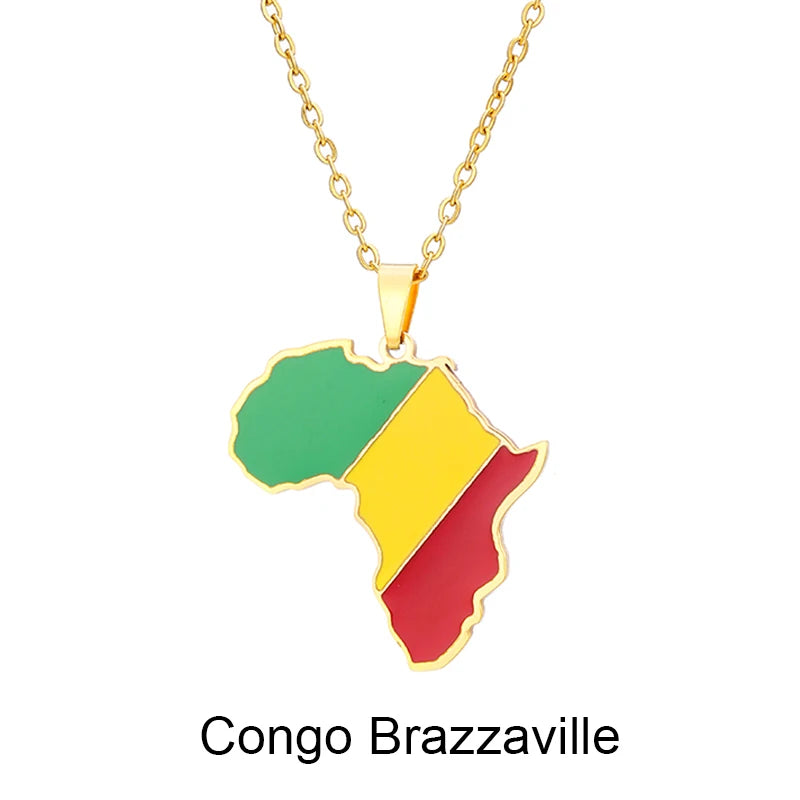 African Map Flag Pendant Necklace Stainless Steel Men Women Rwanda Sudan Uganda Zimbabwe Zambia Ethnic Maps Jewelry Gift