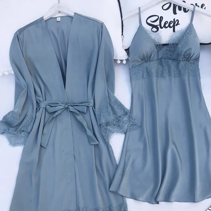 Women Pajamas Five Piece Set Spring Summer Sleepwear Nightgown Sexy Lace Bath Robe Gown Loose Silk Satin Home Wear Loungewear