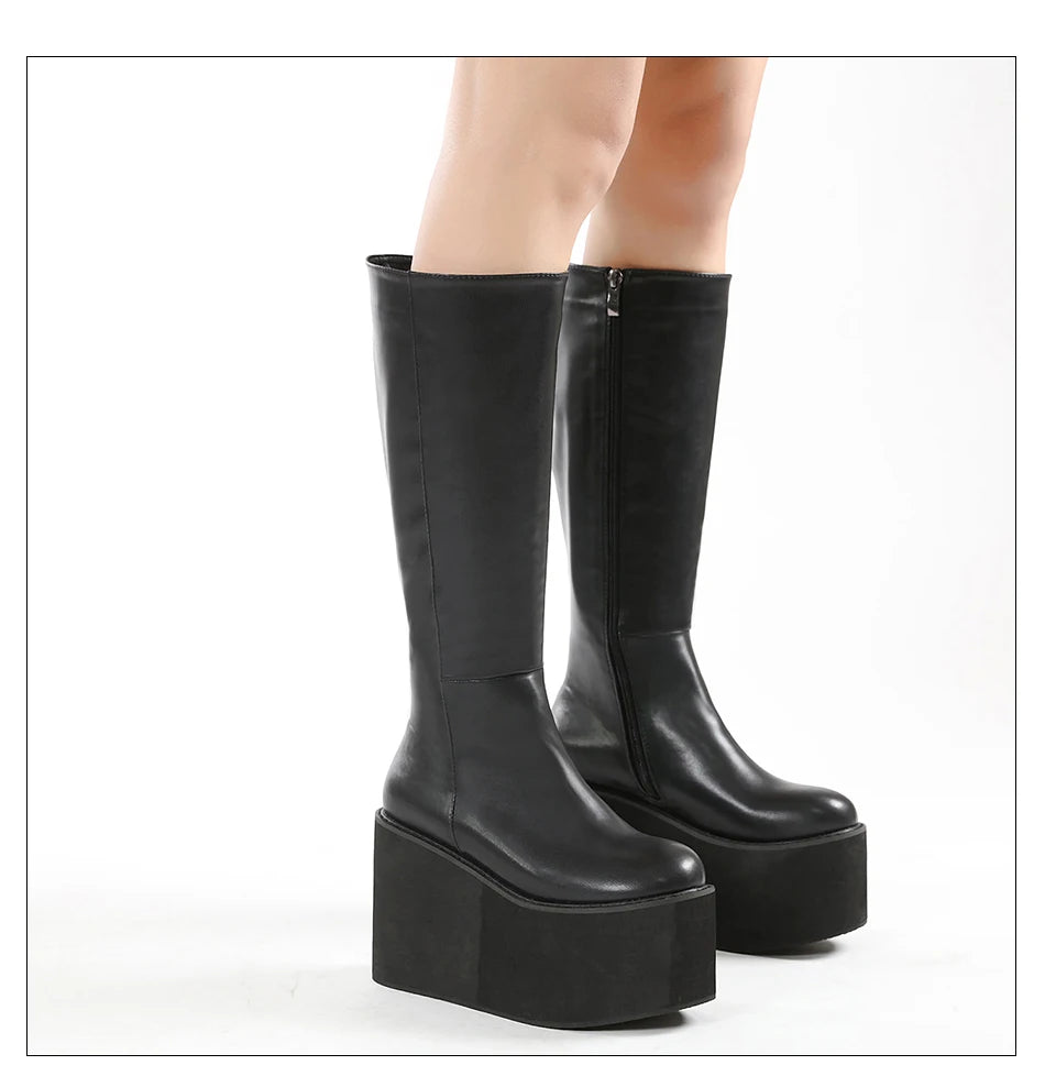 Gdgydh Matte Black Knee High Boots Women Platform Wedges High Heels Thick Bottom Ladies INS Hot Winter Fashion Elegant Drop Ship