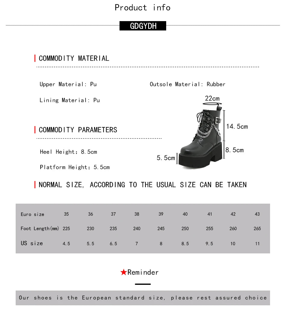 Gdgydh Modern Boots Woman Shoes Gothic Metal Decoration Black Boots Women Heels Sexy Chain Chunky Heel Platform Footwear Zipper