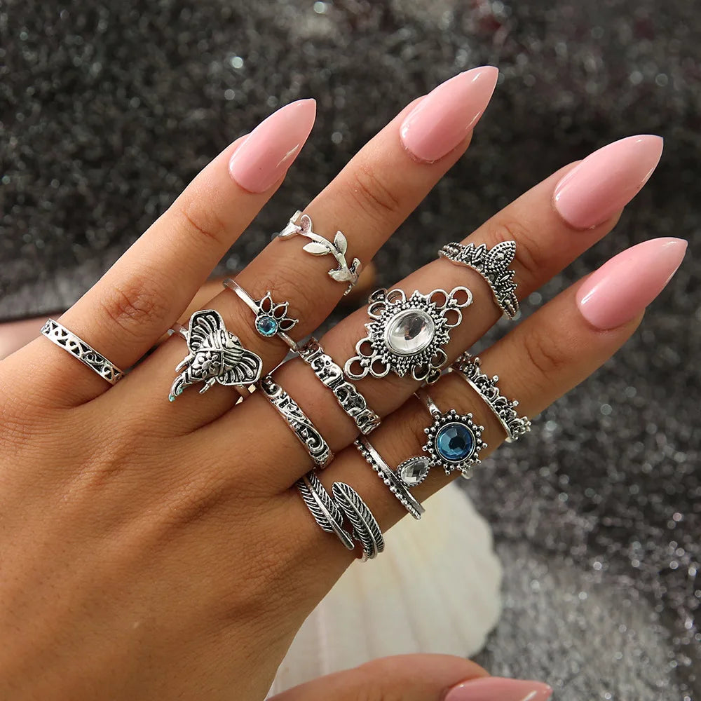 12pcs/Set Fashion Elephant Knuckle Rings Set For Women Crystal Stone Feather finger Ring Female Boho Party Jewelry Gift