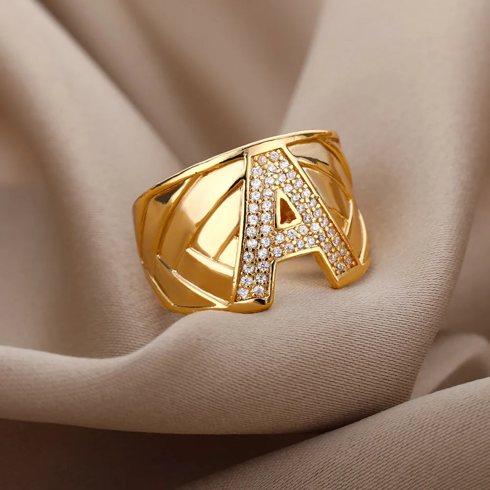Chunky Wide Zircon Initial Letter Rings For Women Stainless Steel Opening Finger Ring Hip Hop Minimalist Jewelry Gift Femme