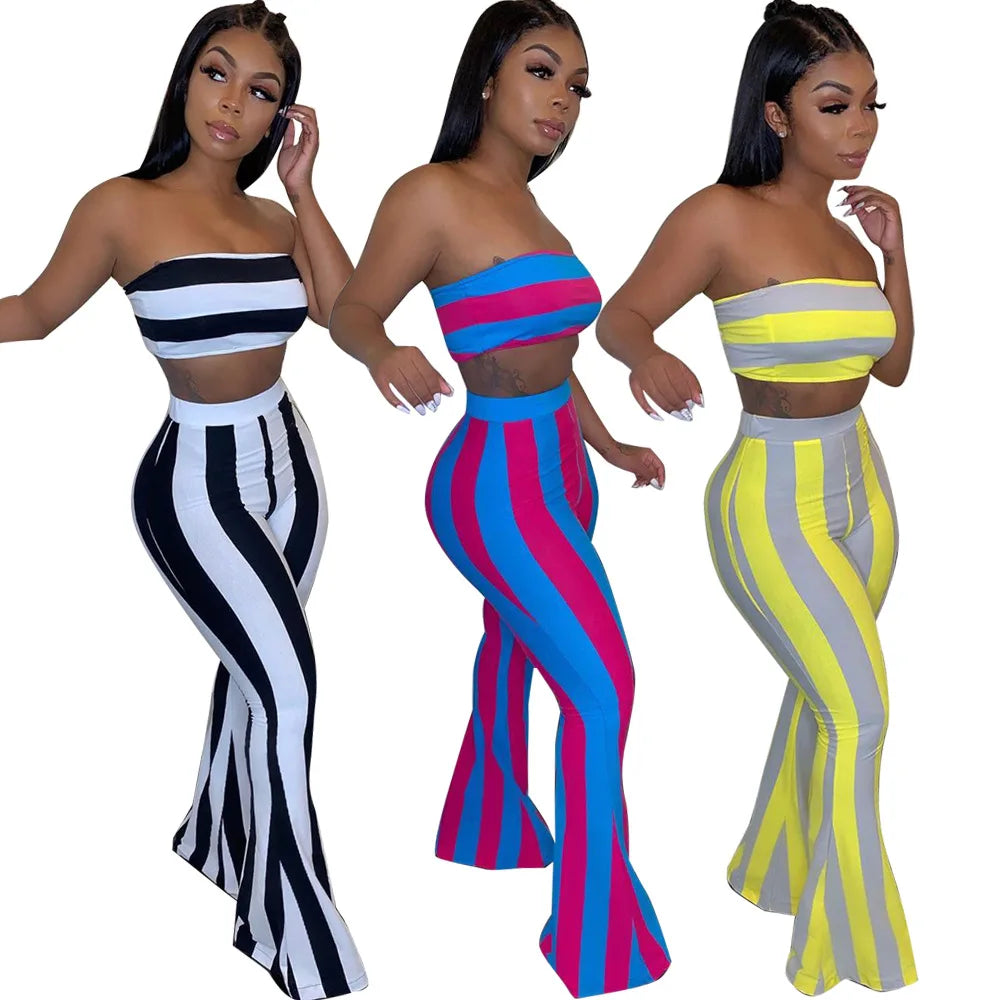 Two Piece Set Women Striped 2 Piece Set Women Outfits Crop Top Pants Two Pieces Sets Summer Clothes for Female Sexy Women's Suit