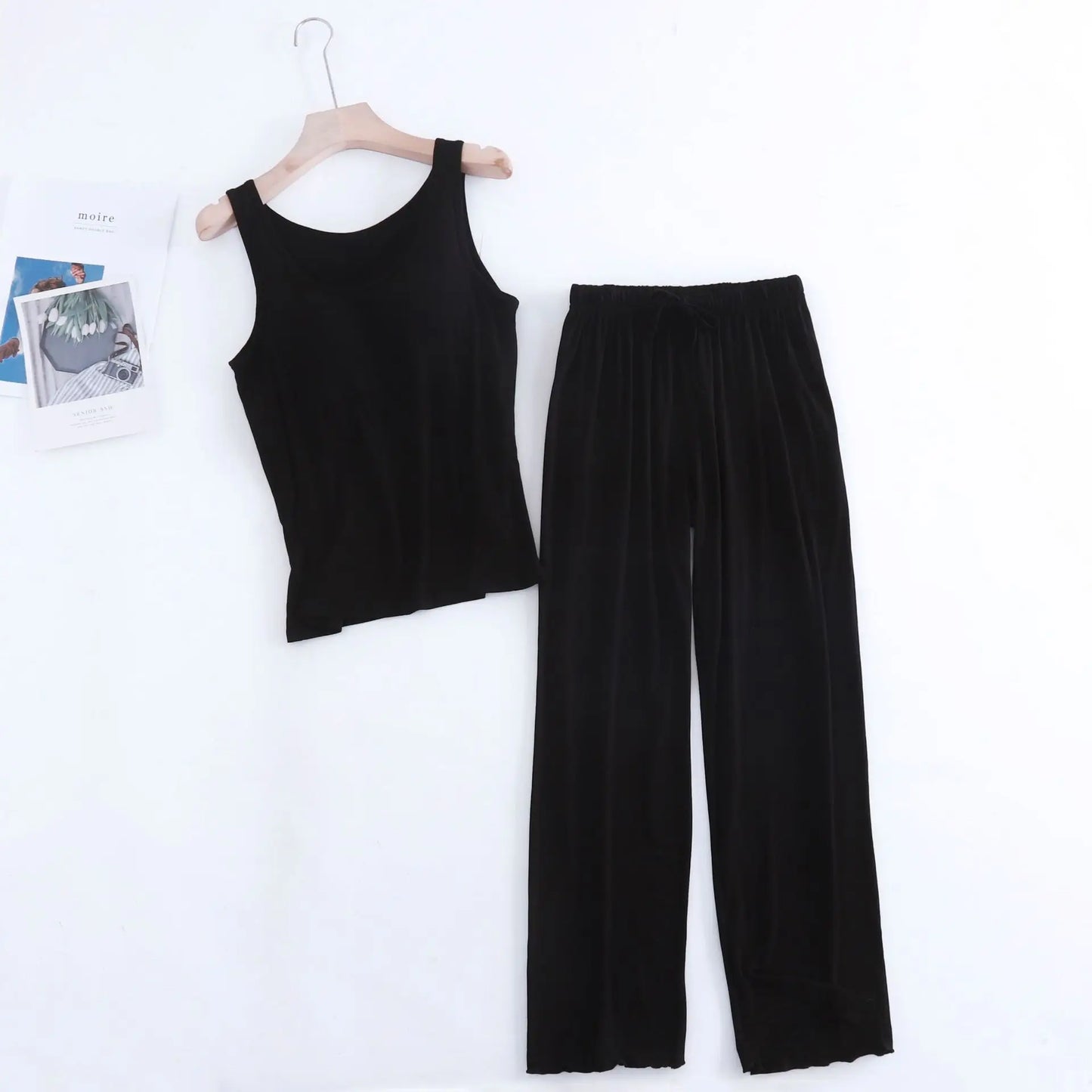Fdfklak Modal Women's Vest Trousers Suit Pajamas Chest Pads Bra Bottoming Loose Lotus Leaf Pants Two Piece Set Home Clothes