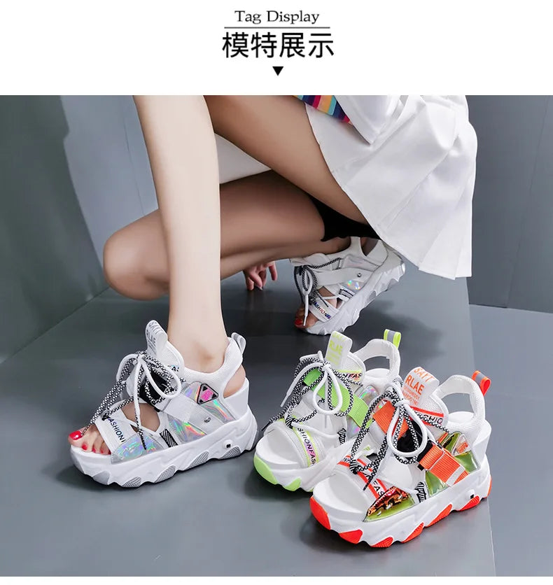 Comemore 2022 Platform Gladiator Sandals Lace Up White Sandals Women High Heels Wedges Casual Sports Shoes Woman Spring Summer