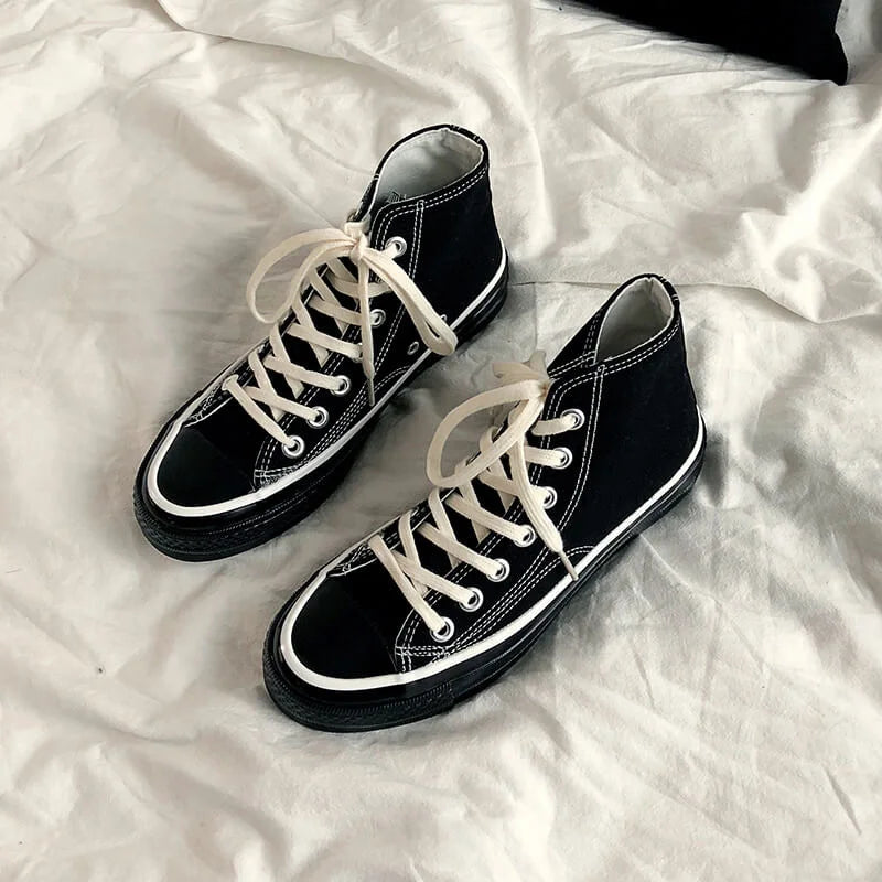 Classic Solid Black Unisex Canvas Shoes  New Spring High-top Outdoor Casual Sneakers Comfortable Breathable Footwear 35-44