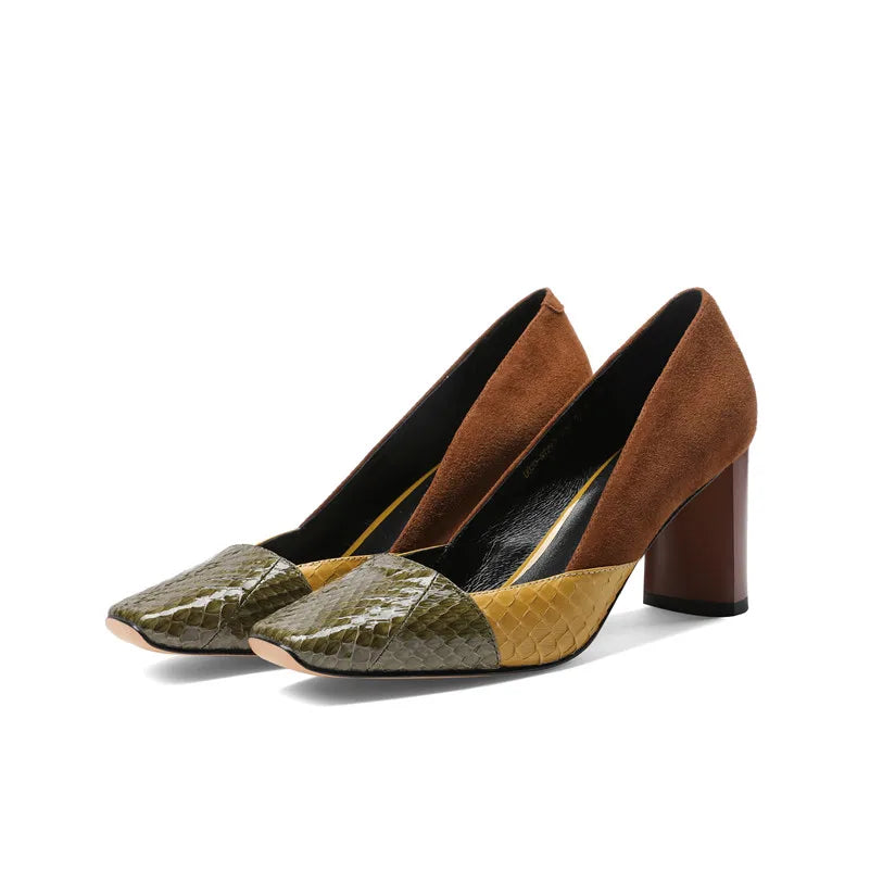 ANNYMOLI High Heels Women Pumps Natural Genuine Leather Thick High Heel Party Shoes Mixed Colors Square Toe Shoes Ladies Size 39