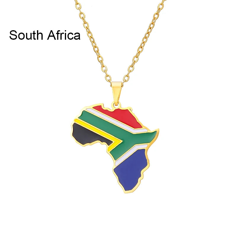 African Map Flag Pendant Necklace Stainless Steel Men Women Rwanda Sudan Uganda Zimbabwe Zambia Ethnic Maps Jewelry Gift