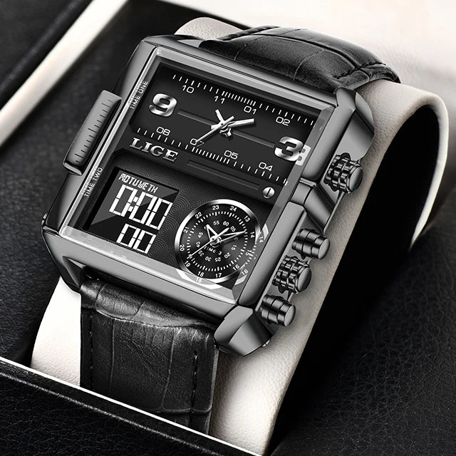 LIGE 2025 Top Brand Luxury Mens Watches Square Digital Sports Quartz Wrist Watch for Men Waterproof Stopwatch Relogio Masculino