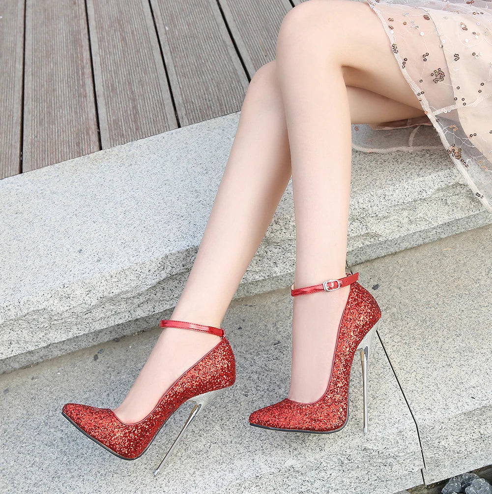 LLXF Spring 16cm Thin High Heels Shoes Woman Bling Pumps Sexy Nightclub Light Mouth Dance Pointed Toe Stilettos US11 12 13 14 15