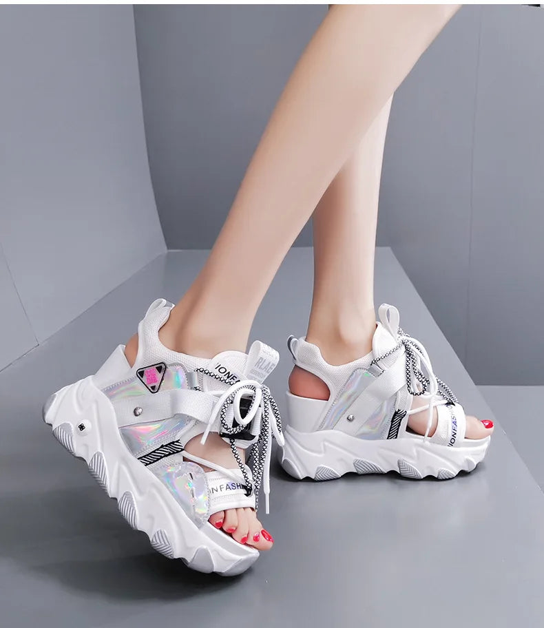 Comemore 2022 Platform Gladiator Sandals Lace Up White Sandals Women High Heels Wedges Casual Sports Shoes Woman Spring Summer
