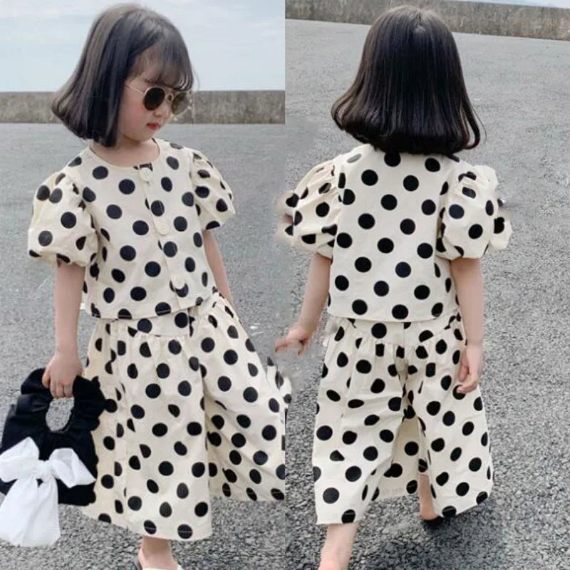 Summer Girls' Clothing Sets Fashion Single-breasted Polka Dot Girls' Shirt Top+Culottes Baby Kids Clothes Suit Children Clothing