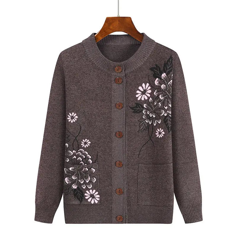 Grandma Embroidered Knit Cardigan Jacket Autumn Winter Loose O Neck Long Sleeve Pocket Sweater Coat Casual Female Outwear Tops