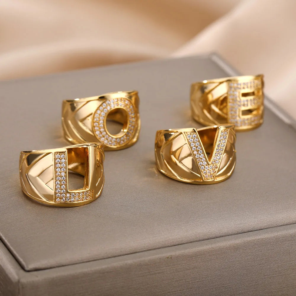 Chunky Zircon Initial Letter Rings For Women Stainless Steel Hip Hop Jewelry