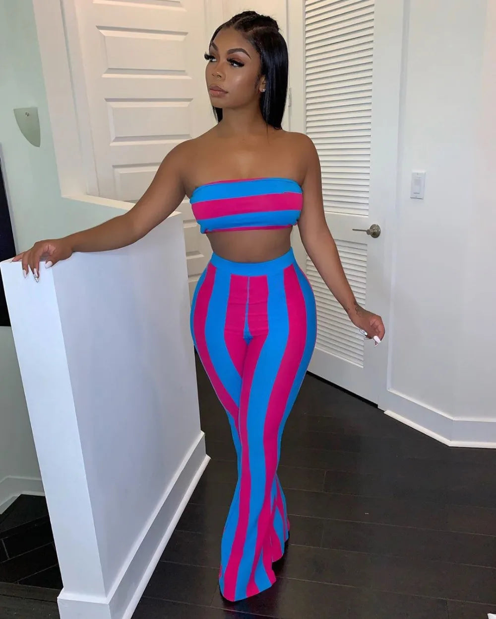 Two Piece Set Women Striped 2 Piece Set Women Outfits Crop Top Pants Two Pieces Sets Summer Clothes for Female Sexy Women's Suit