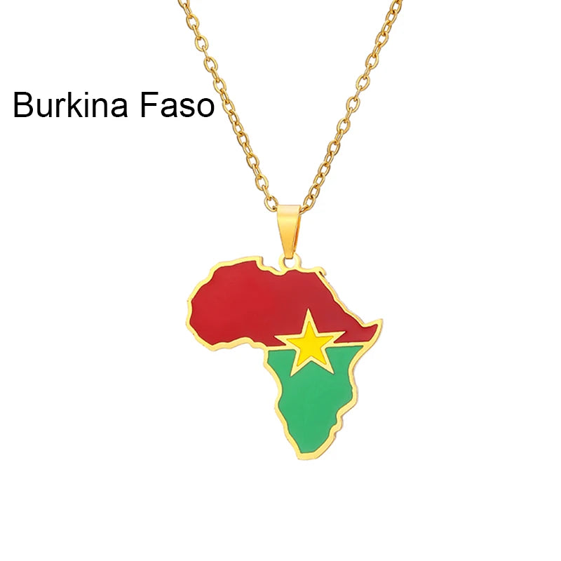 African Map Flag Pendant Necklace Stainless Steel Men Women Rwanda Sudan Uganda Zimbabwe Zambia Ethnic Maps Jewelry Gift