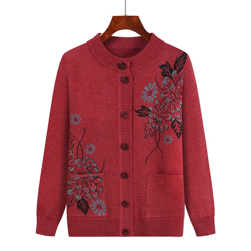 Grandma Embroidered Knit Cardigan Jacket Autumn Winter Loose O Neck Long Sleeve Pocket Sweater Coat Casual Female Outwear Tops