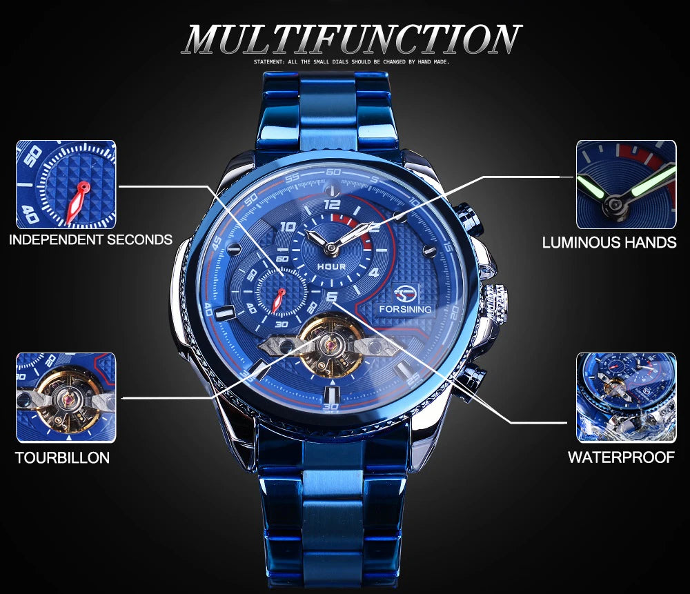 Forsining Mens Automatic Mechanical Watch Tourbillon Wristwatches Men Waterproof Watches Bule Luxury Wrist Watch Relojes Hombre
