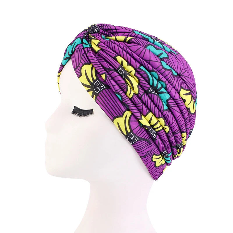 2022 New Print African Headtie Turban Cap Soft Stretch Twisted Pleated Beanie Head Wrap for Women Chemo Bonnet