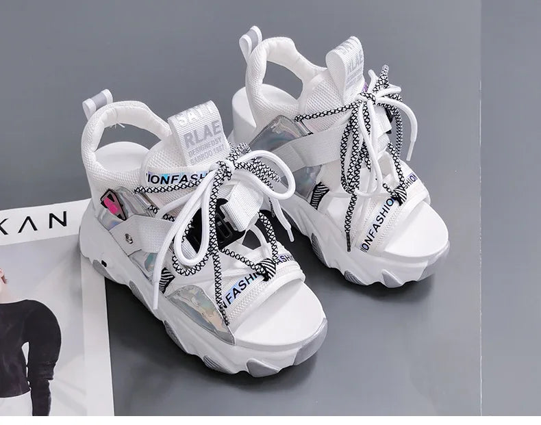 Comemore 2022 Platform Gladiator Sandals Lace Up White Sandals Women High Heels Wedges Casual Sports Shoes Woman Spring Summer