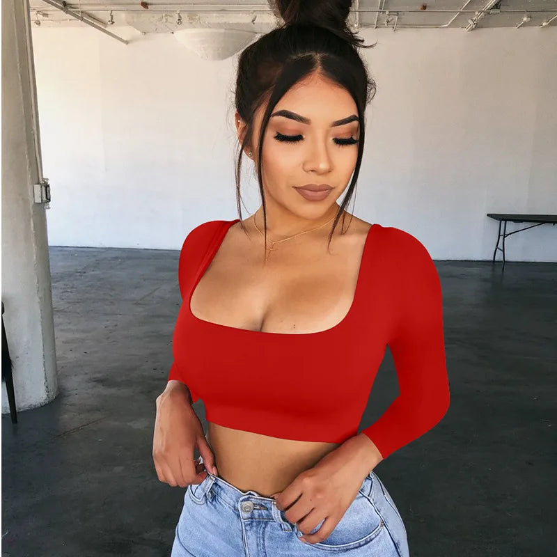 Women Summer Spring Crop Top Square Neck Long Sleeve Black White Tee