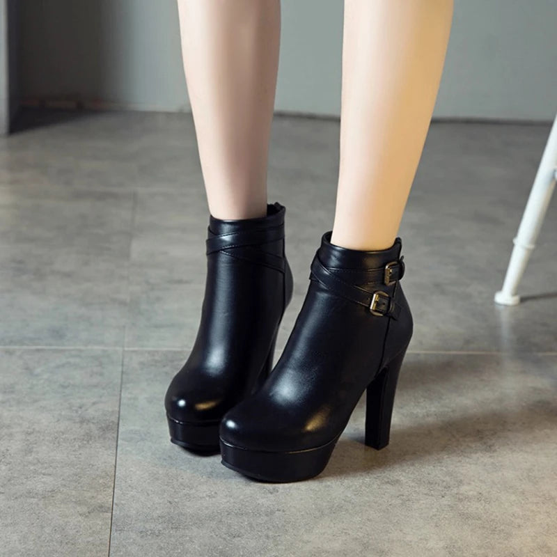 REAVE CAT Size 34-50 Ladies Platform Ankle Boots Party Office Women Fashion 12CM Thick High Heels Buckle Shoes F1484